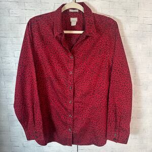 Chico's women's blouse button up red cheetah print animal print electric grandma